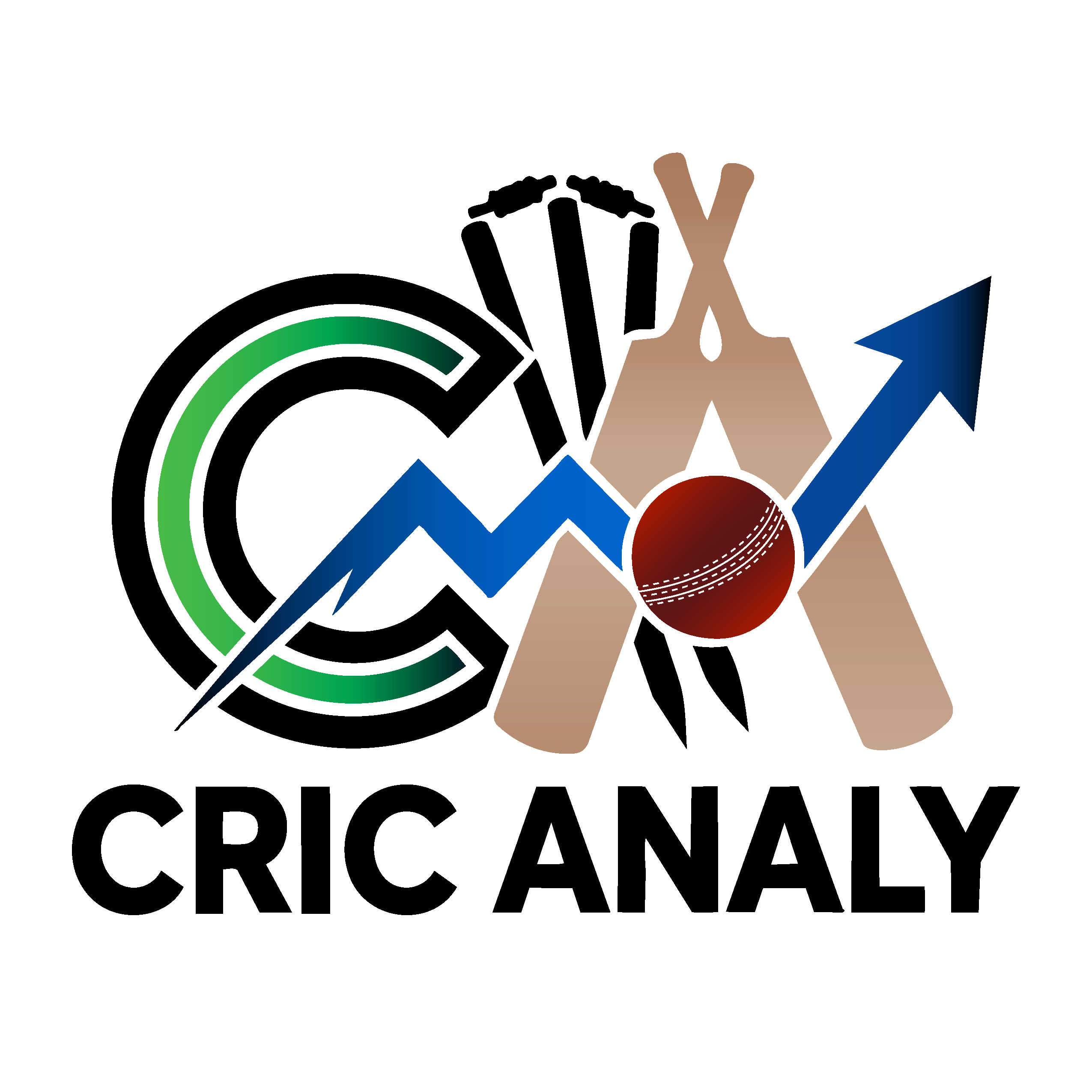 CricAnaly cricket blog logo featuring bats, ball, stumps and upward analytics graph