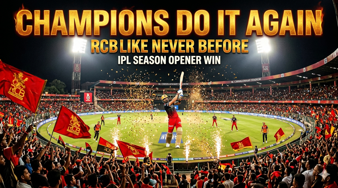 RCB batsman celebrates at a packed M. Chinnaswamy Stadium with fireworks, confetti and red flags as text reads Champions Do It Again — IPL Season Opener Win
