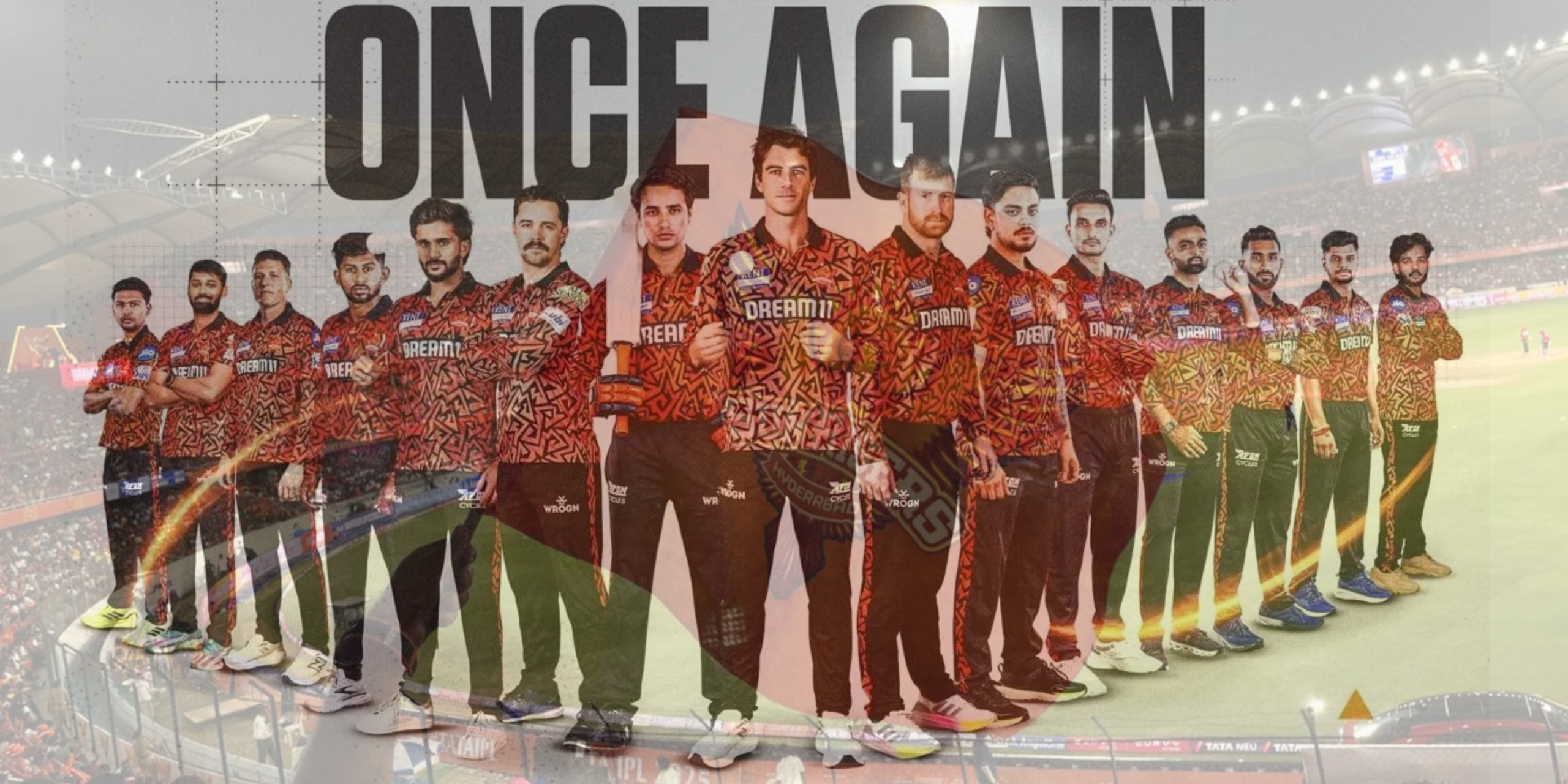 Sunrisers Hyderabad IPL team squad standing together in orange jersey with “Once Again” text in background
