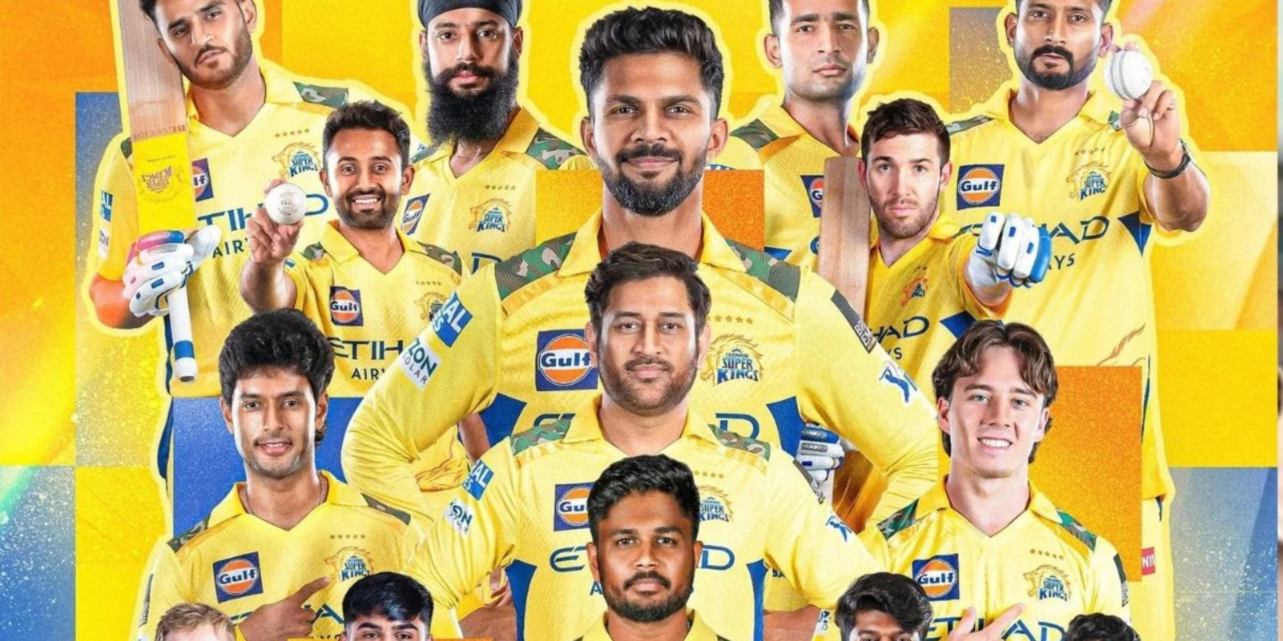 Chennai Super Kings IPL team 2026 squad players in yellow jerseys collage featuring key players in CSK kit
