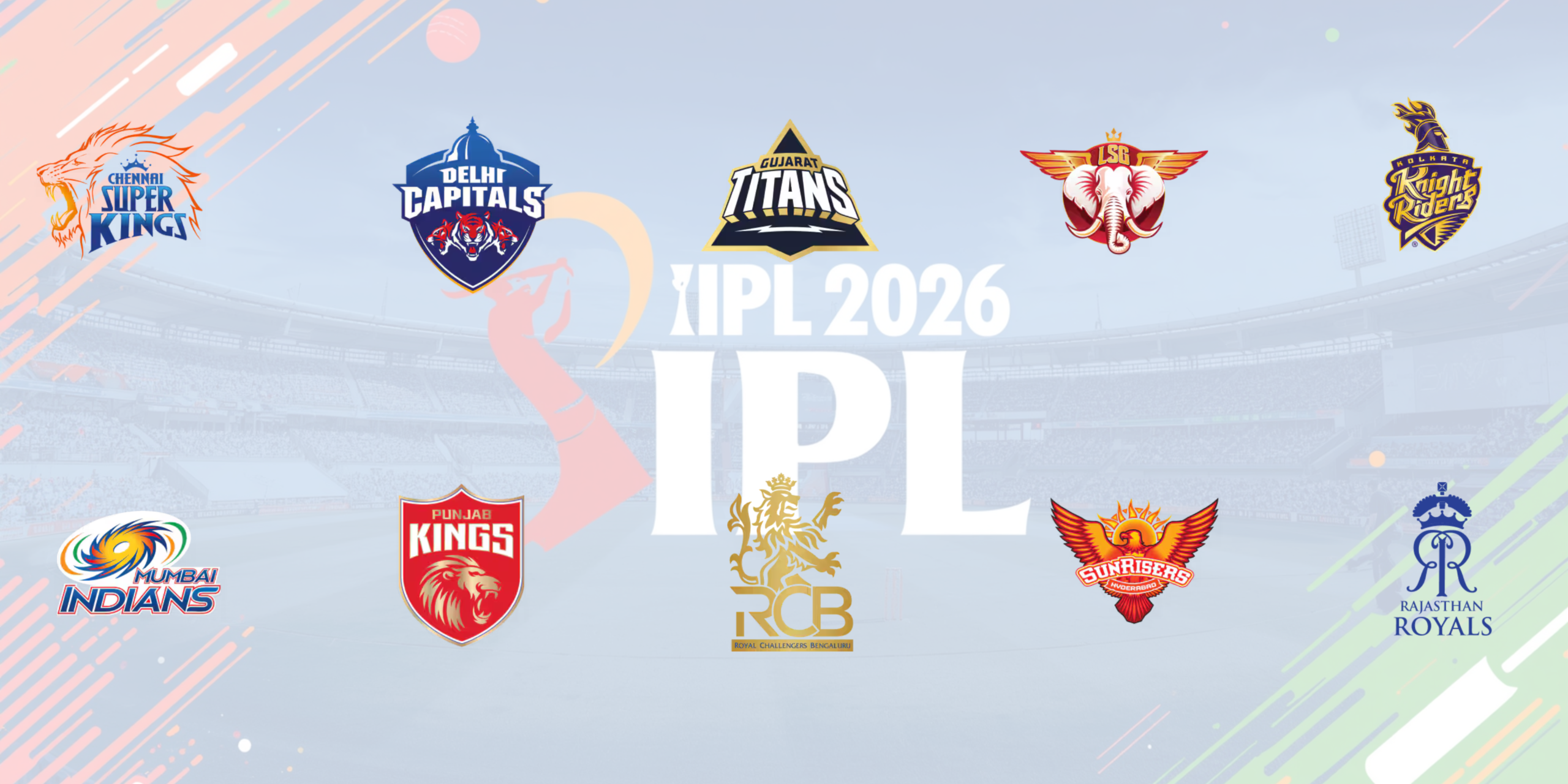 IPL 2026 teams logos including CSK, MI, RCB, KKR, SRH, RR, DC, PBKS, GT and LSG for match schedule