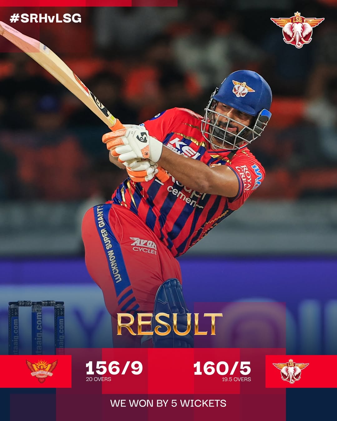 Lucknow Super Giants batsman playing a powerful shot during IPL match vs Sunrisers Hyderabad where LSG won by 5 wickets chasing 156