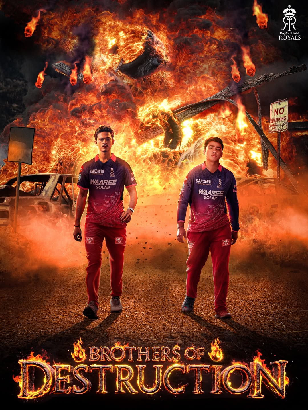 Rajasthan Royals players walking through a fiery explosion scene with “Brothers of Destruction” theme